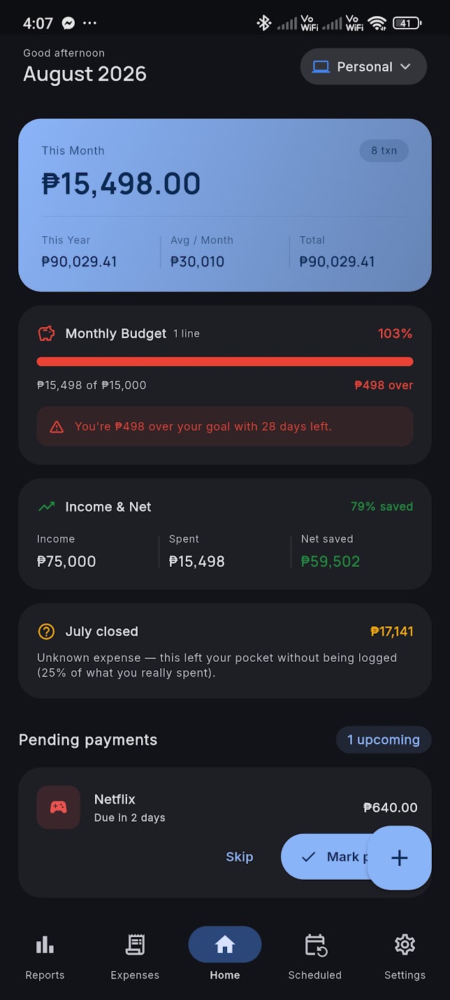 Tracksy home screen showing the monthly total, budget progress, income and net, and pending payments