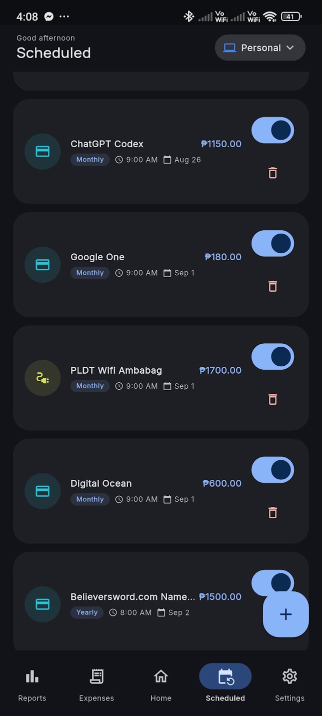 Tracksy scheduled payments list showing monthly and yearly recurring subscriptions